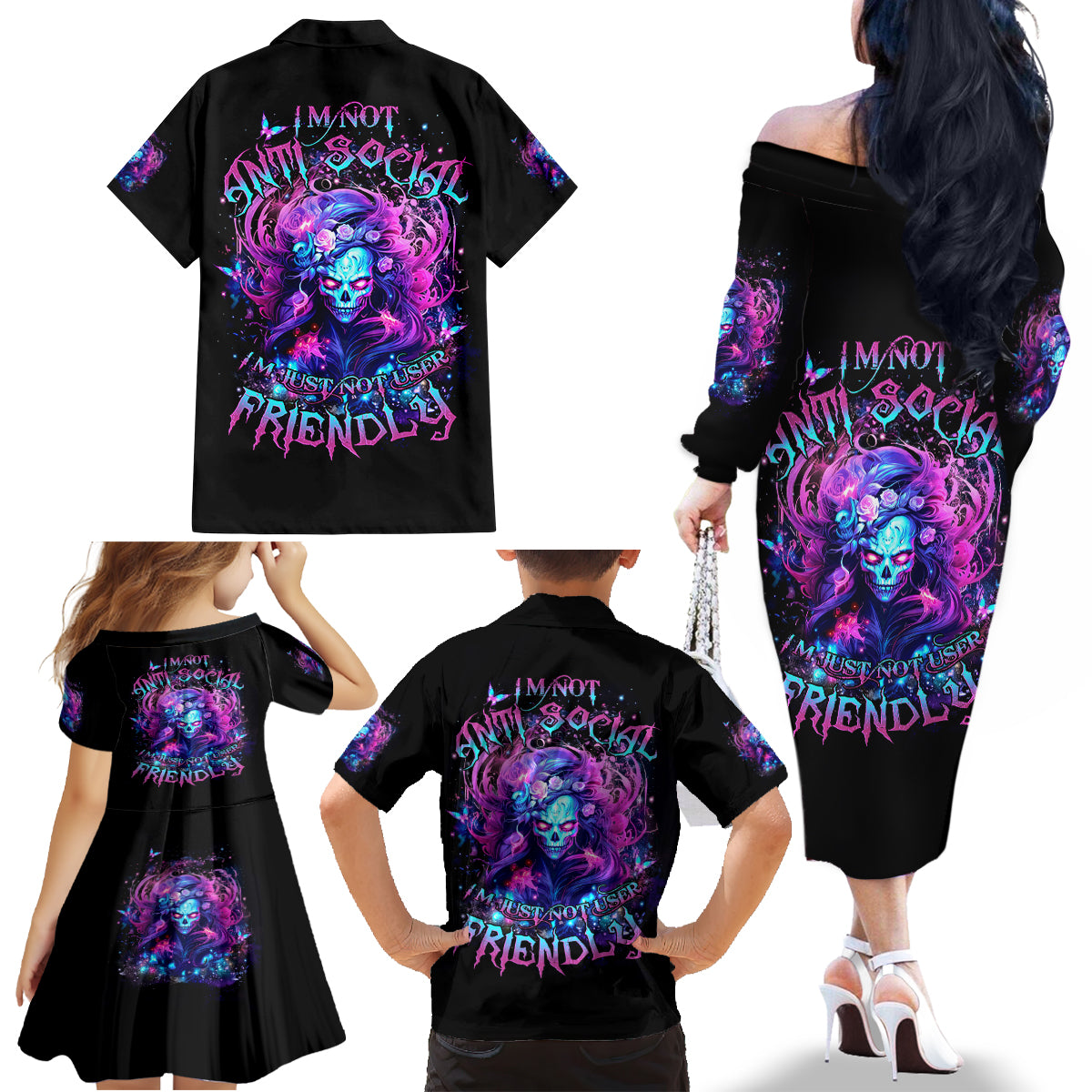 Lady Skull Family Matching Off Shoulder Long Sleeve Dress and Hawaiian Shirt I'm Not Anti Social I'm Just Not User Friendly - Wonder Print Shop