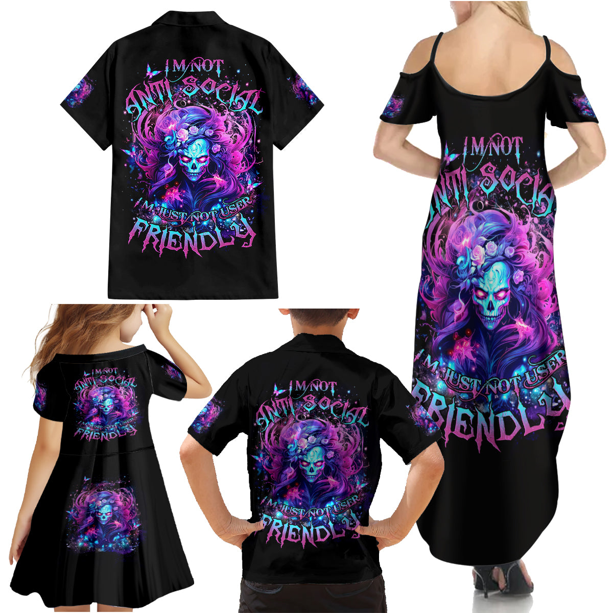 Lady Skull Family Matching Summer Maxi Dress and Hawaiian Shirt I'm Not Anti Social I'm Just Not User Friendly - Wonder Print Shop