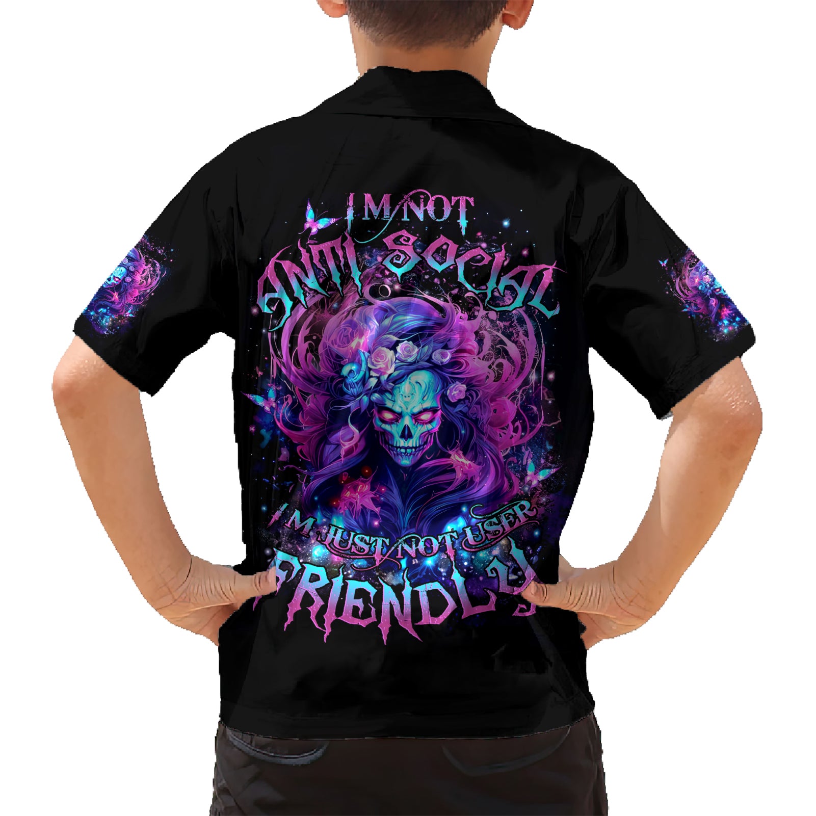 Lady Skull Kid Hawaiian Shirt I'm Not Anti Social I'm Just Not User Friendly - Wonder Print Shop