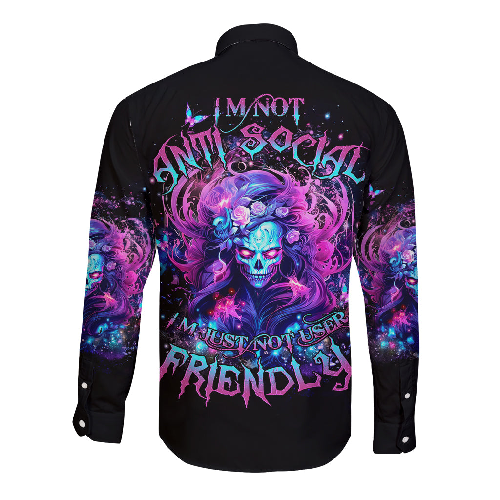 Lady Skull Long Sleeve Button Shirt I'm Not Anti Social I'm Just Not User Friendly - Wonder Print Shop