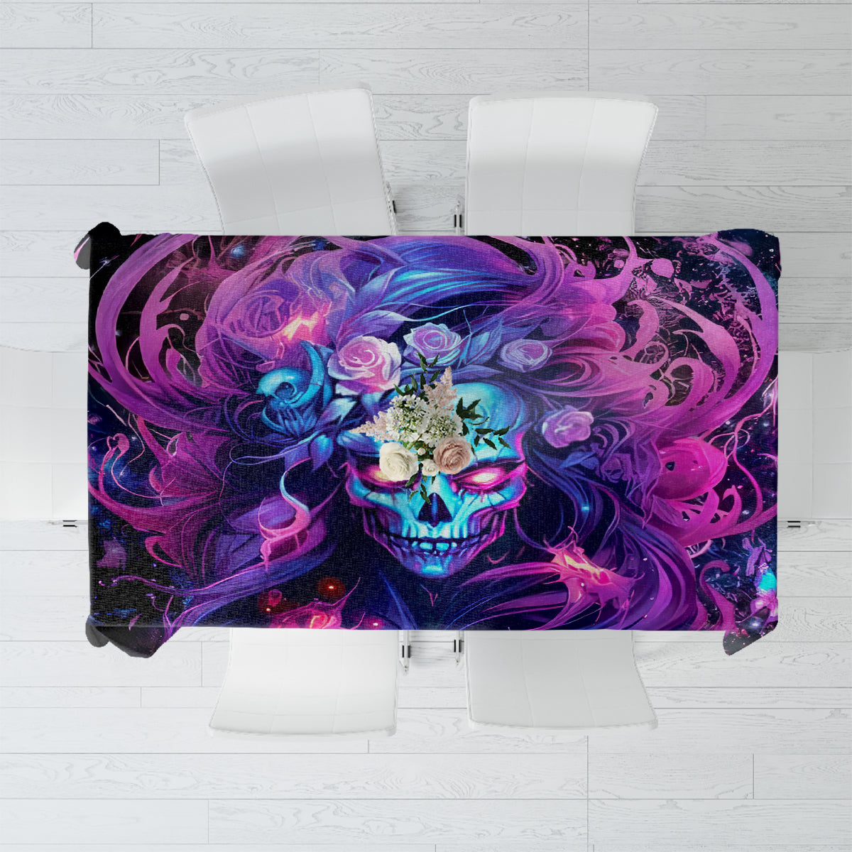 Skull tablecloth with purple and blue fantasy artwork, neatly spread on tabletop.