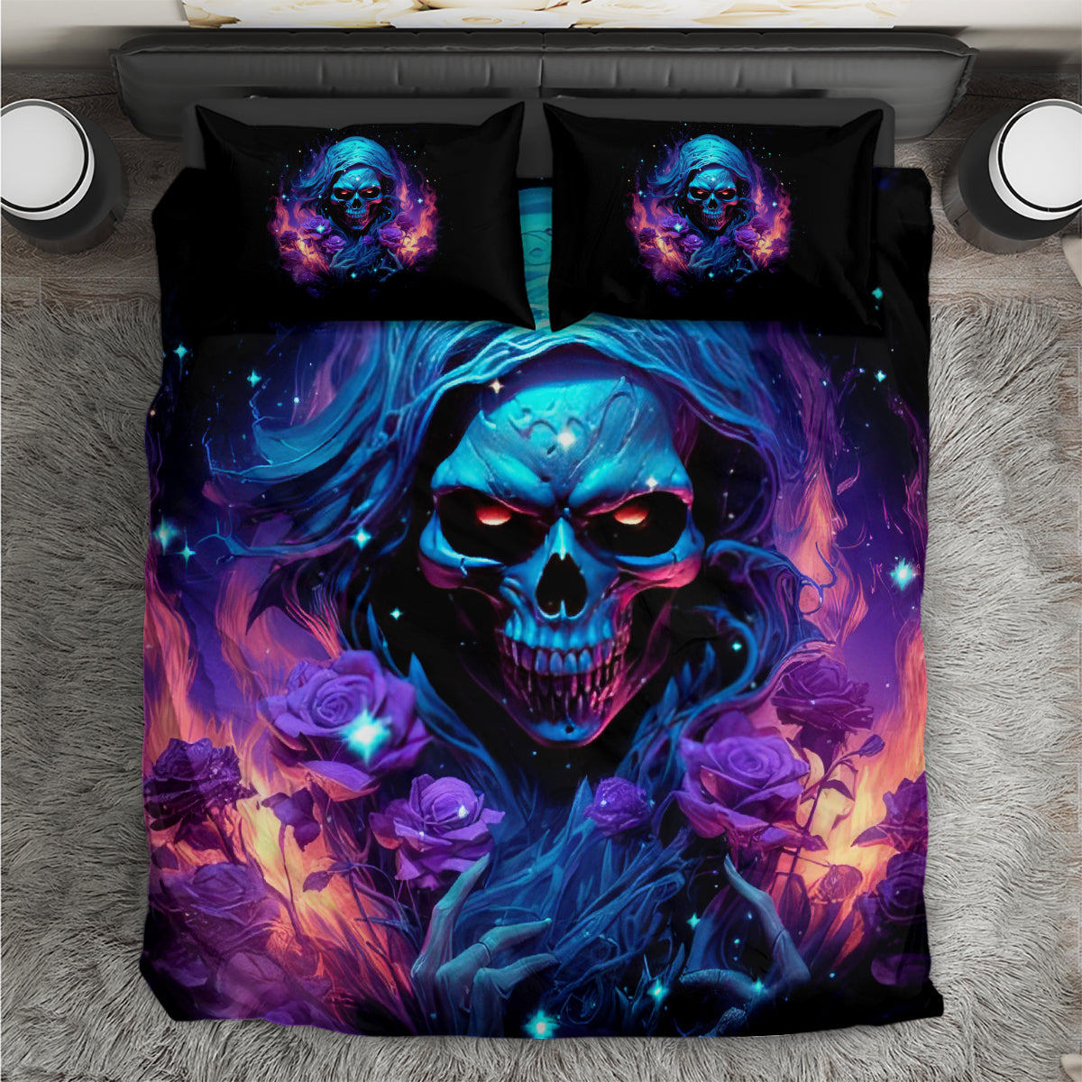 Skull flame duvet and two black pillowcases, blue-purple skull with roses
