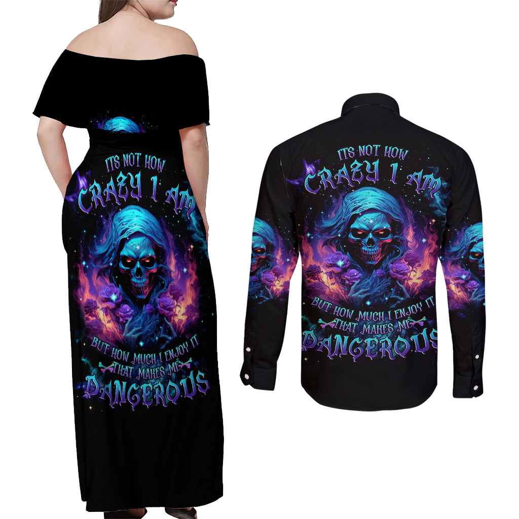 Flame Skull Couples Matching Off Shoulder Maxi Dress and Long Sleeve Button Shirt Its Not How Crazy I Am But How Much I enjoy It That Makes Me Dangeous - Wonder Print Shop