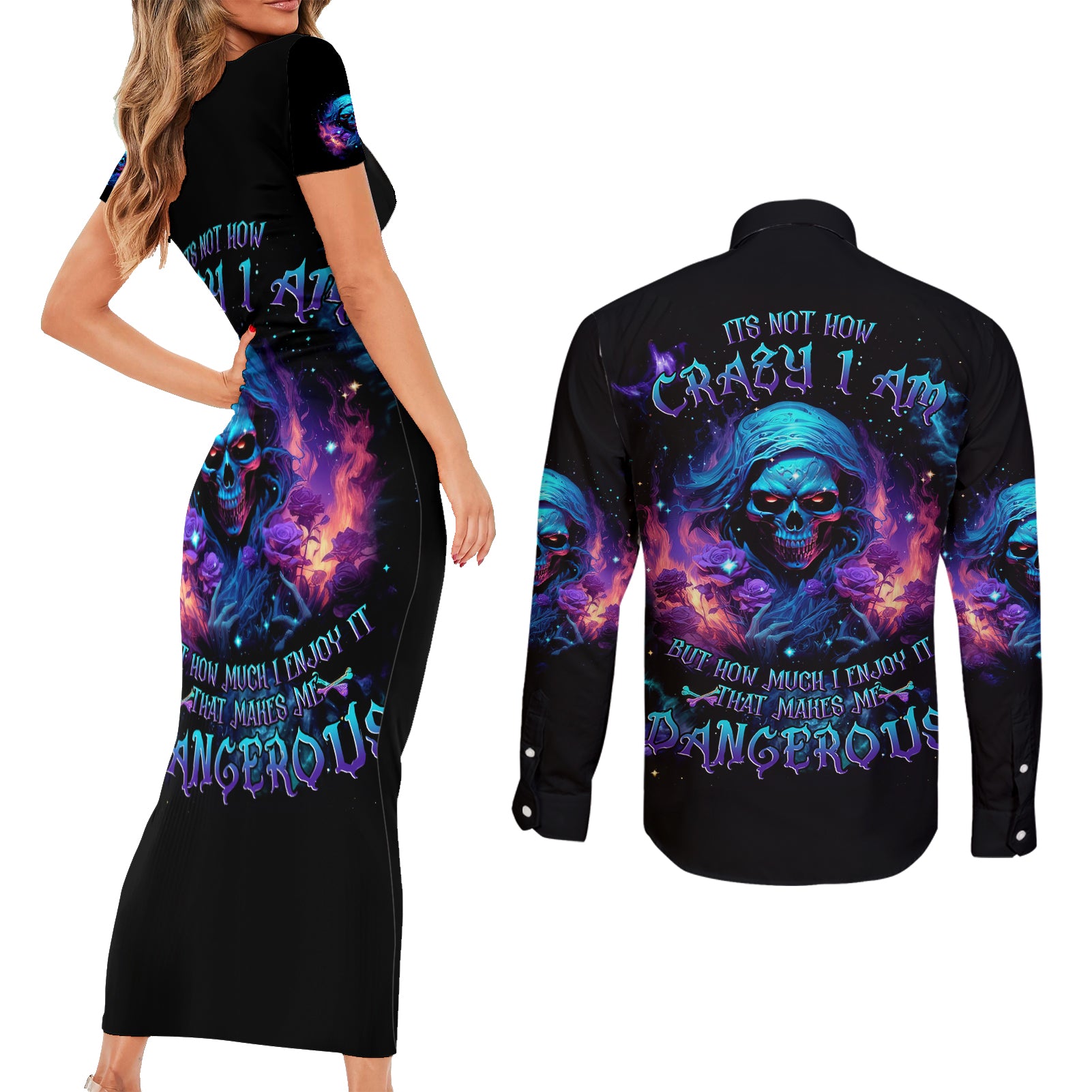 Flame Skull Couples Matching Short Sleeve Bodycon Dress and Long Sleeve Button Shirt Its Not How Crazy I Am But How Much I enjoy It That Makes Me Dangeous - Wonder Print Shop