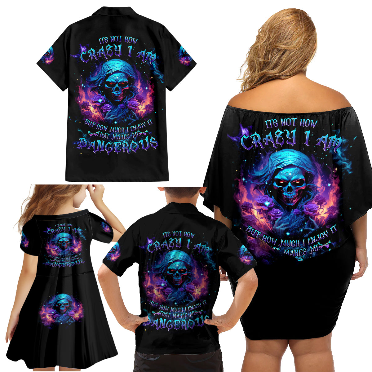 Flame Skull Family Matching Off Shoulder Short Dress and Hawaiian Shirt Its Not How Crazy I Am But How Much I enjoy It That Makes Me Dangeous - Wonder Print Shop