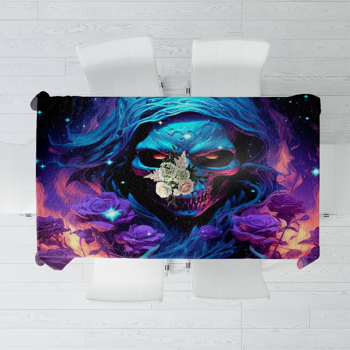 Black flame skull tablecloth with flame skull graphic in blue, purple, and orange