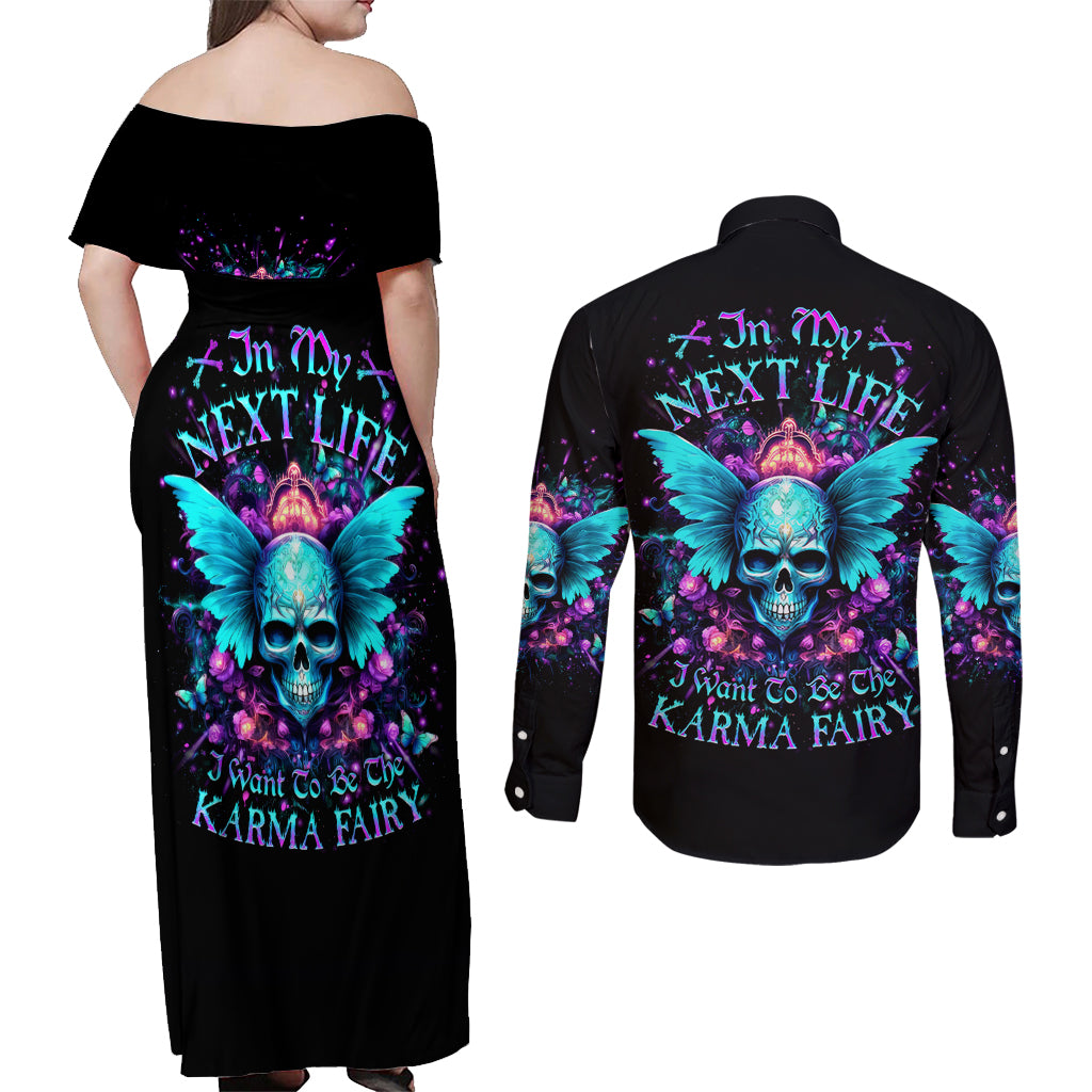 Fairy Skull Couples Matching Off Shoulder Maxi Dress and Long Sleeve Button Shirt In My Next Life I Want To Be The Karme Fairy - Wonder Print Shop