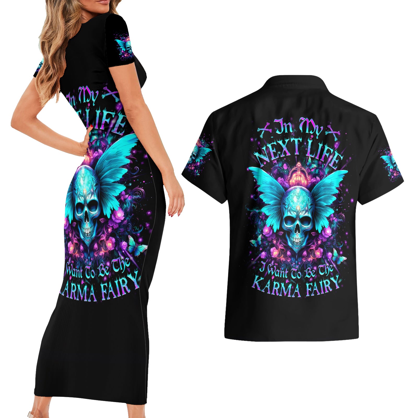 Fairy Skull Couples Matching Short Sleeve Bodycon Dress and Hawaiian Shirt In My Next Life I Want To Be The Karme Fairy - Wonder Print Shop