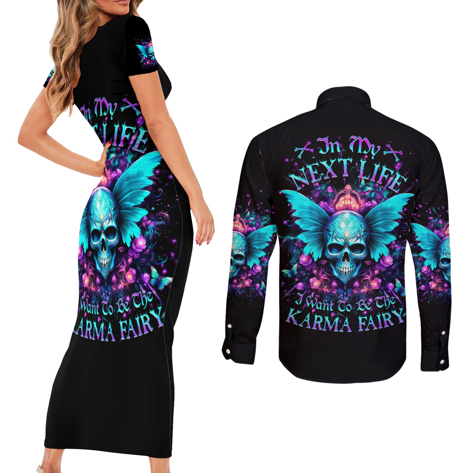 Fairy Skull Couples Matching Short Sleeve Bodycon Dress and Long Sleeve Button Shirt In My Next Life I Want To Be The Karme Fairy - Wonder Print Shop