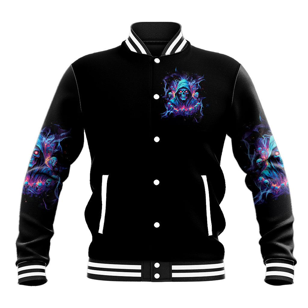Black baseball jacket with snap buttons, striped ribbed cuffs, and blue skull front