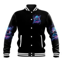 Black baseball jacket with snap buttons, striped ribbed cuffs, and blue skull front