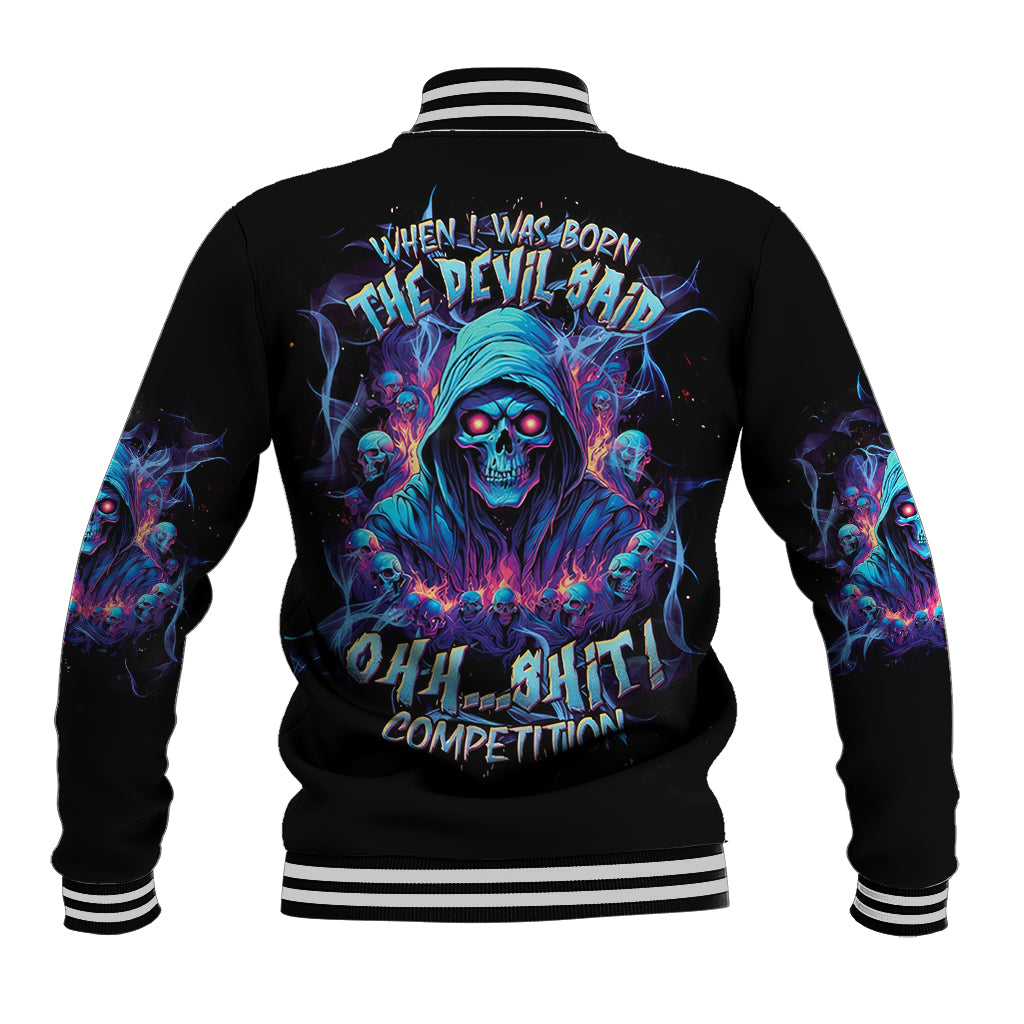 Black baseball jacket with ribbed striped collar, cuffs, and back skull graphic