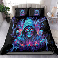 Black duvet bedding set with large glowing blue skull design and two matching pillowcases