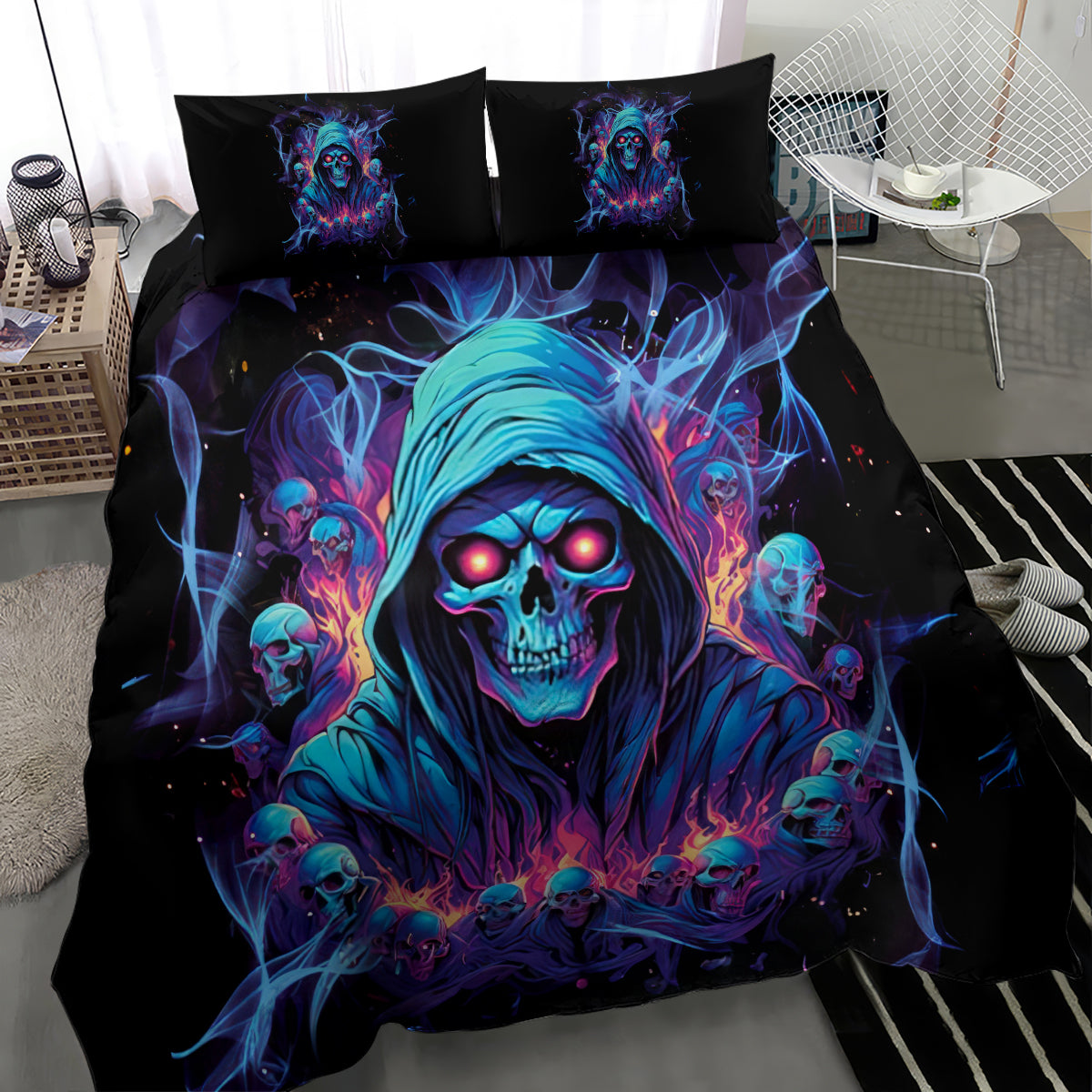 Black bedding set featuring a glowing blue skull face illustration on the duvet