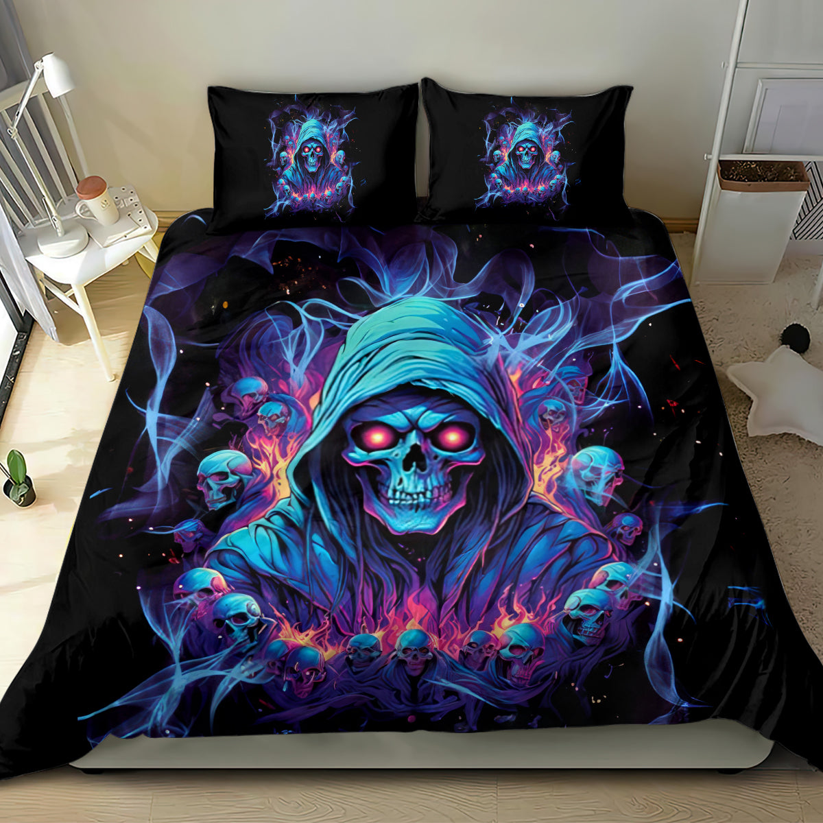 Black duvet bedding set with colorful blue skull reaper graphic and two square pillowcases