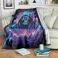 Black skull-themed fleece blanket with blue and purple hooded death figure art