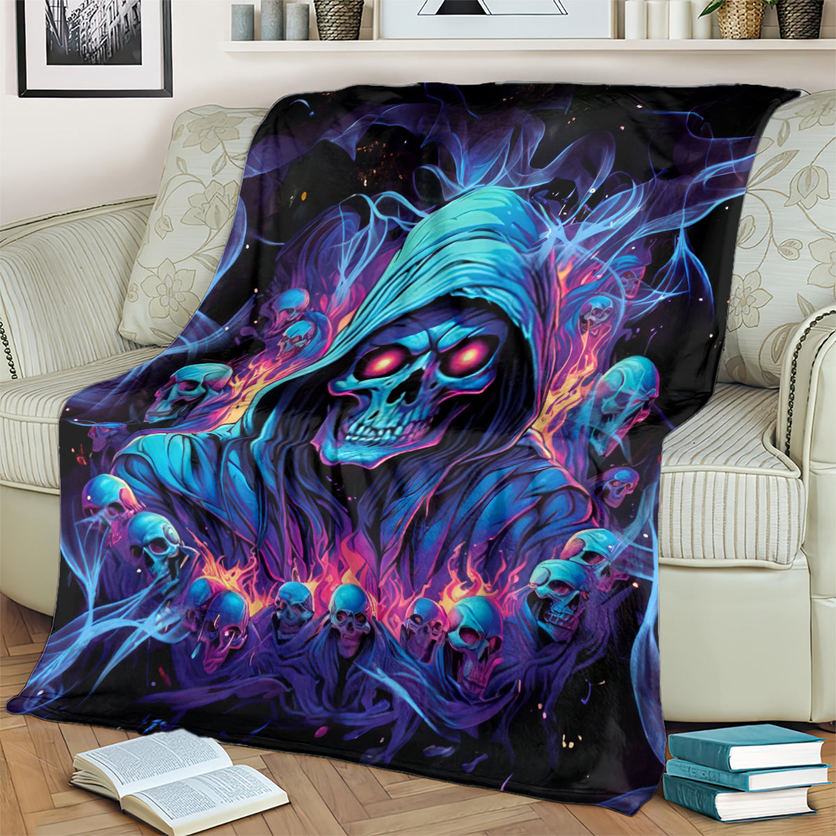 Skull-themed blanket over cream sofa, close view of glowing blue hooded skull
