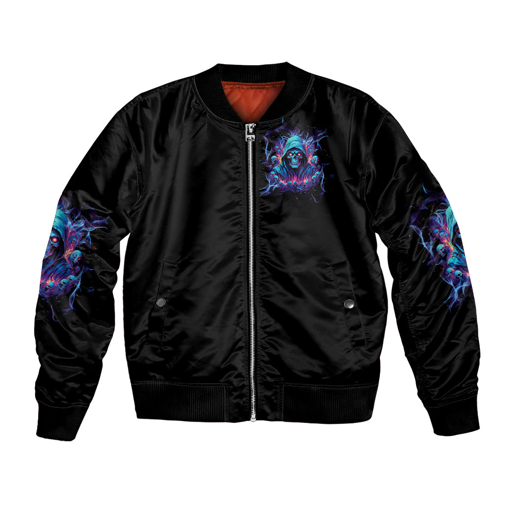 Black bomber jacket with front zip and small glowing skull-and-devil chest graphic
