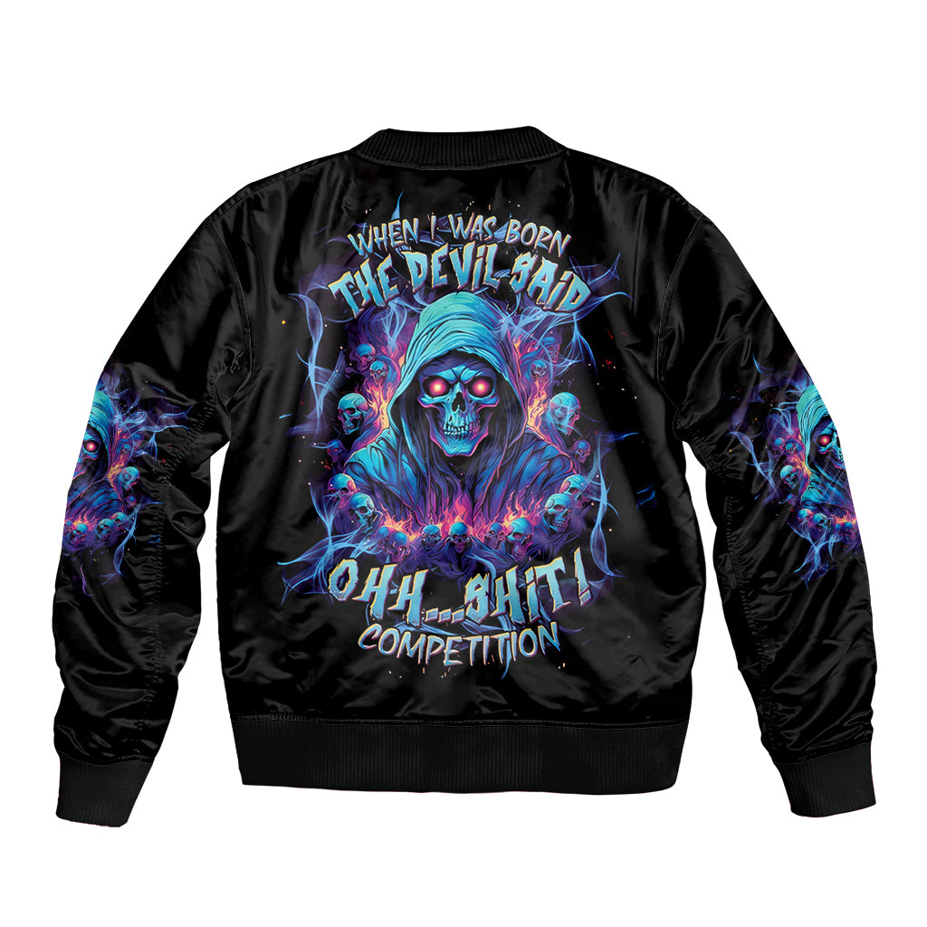 Black bomber jacket with glowing skull-and-devil back graphic, ribbed collar and cuffs