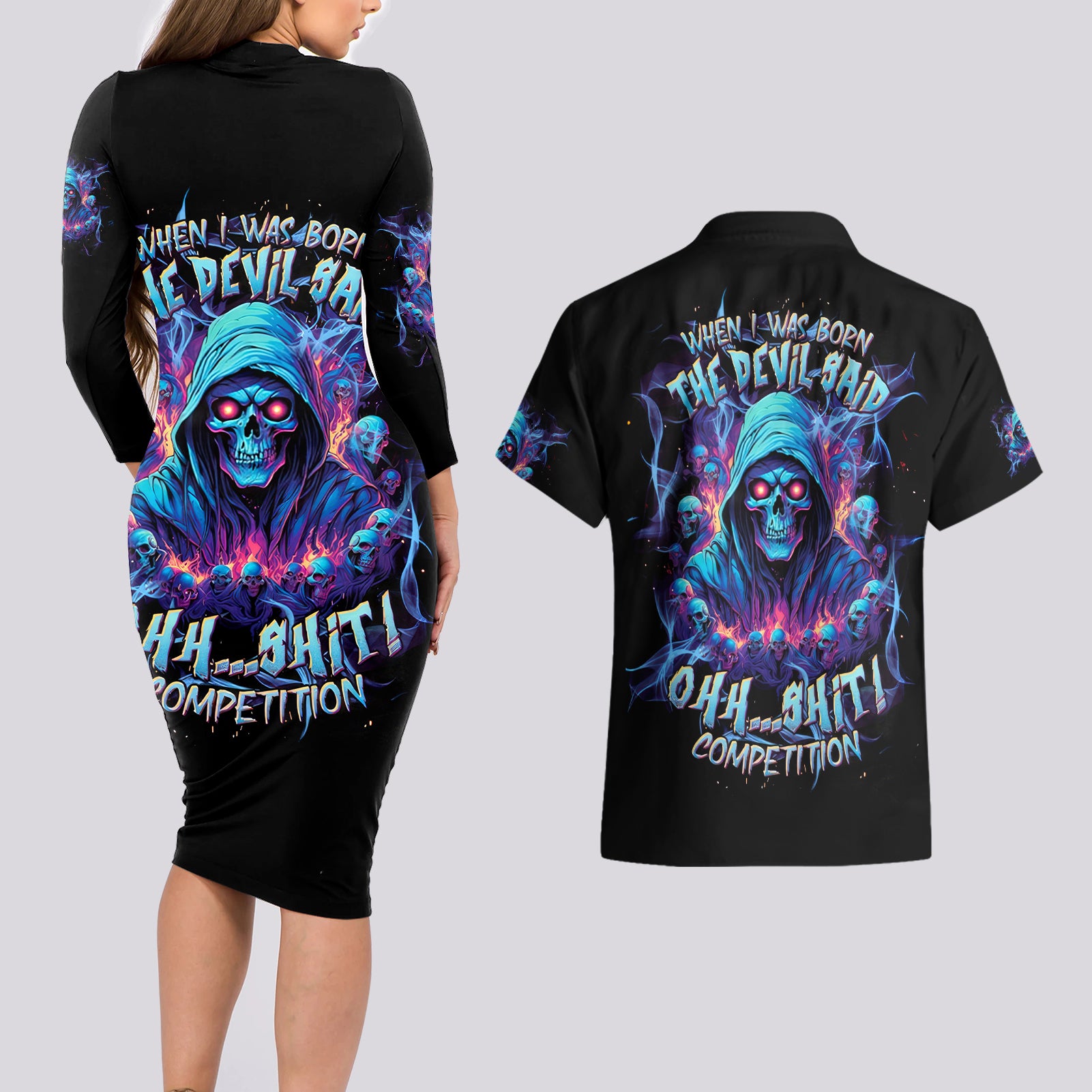 Reaper Skull Couples Matching Long Sleeve Bodycon Dress and Hawaiian Shirt When I Was Born The Devil Said Oh Shit Competition - Wonder Print Shop