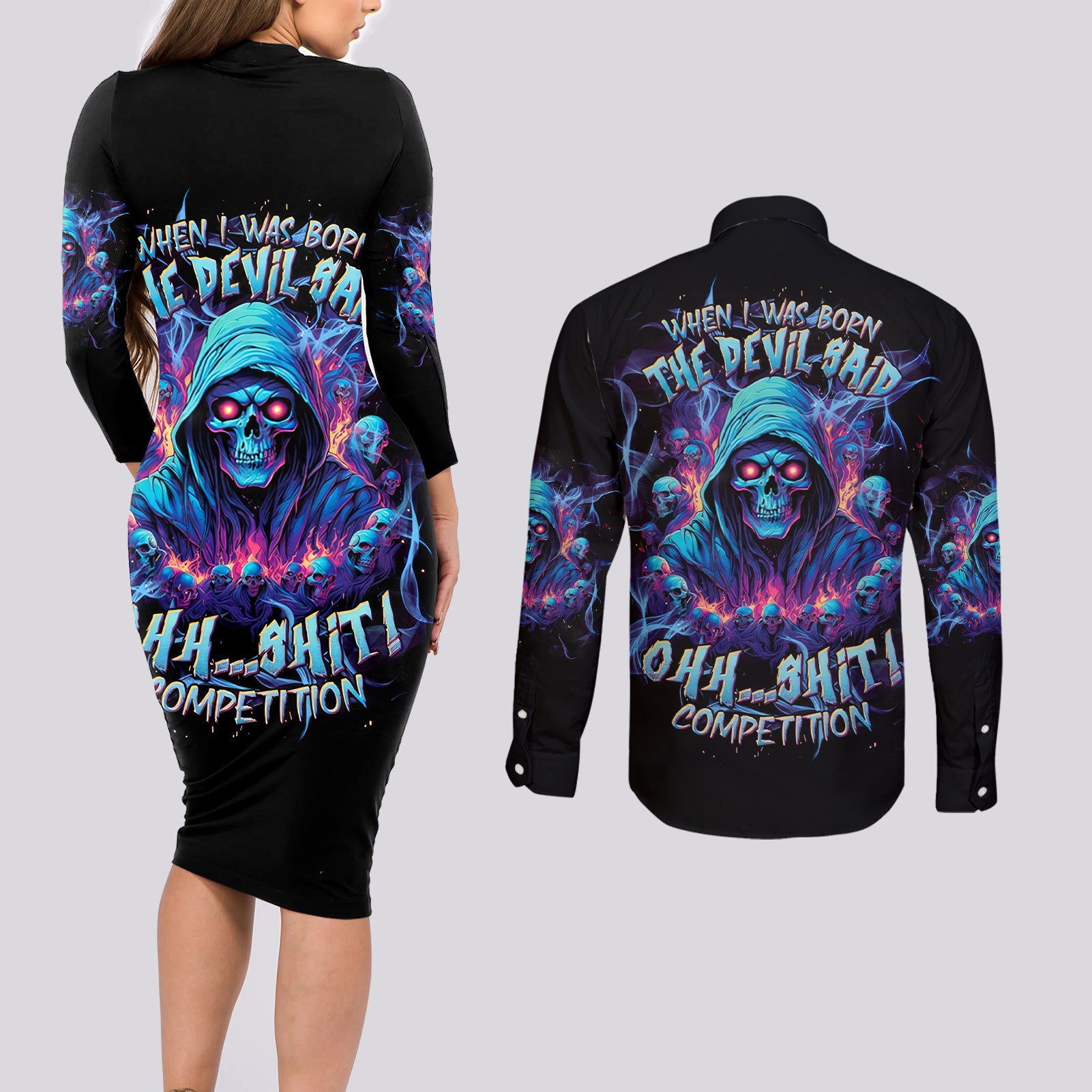 Reaper Skull Couples Matching Long Sleeve Bodycon Dress and Long Sleeve Button Shirt When I Was Born The Devil Said Oh Shit Competition - Wonder Print Shop