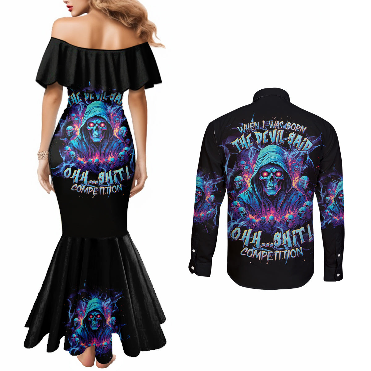 Reaper Skull Couples Matching Mermaid Dress and Long Sleeve Button Shirt When I Was Born The Devil Said Oh Shit Competition