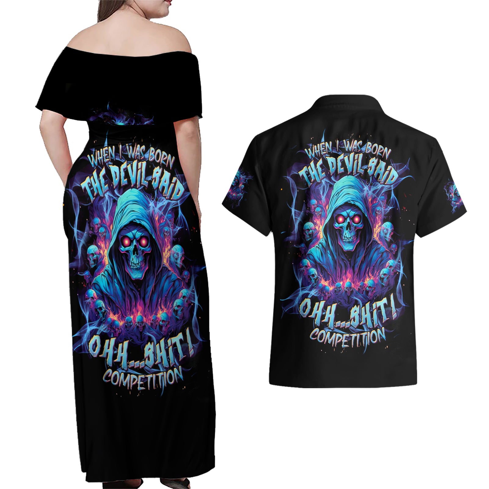 Reaper Skull Couples Matching Off Shoulder Maxi Dress and Hawaiian Shirt When I Was Born The Devil Said Oh Shit Competition - Wonder Print Shop