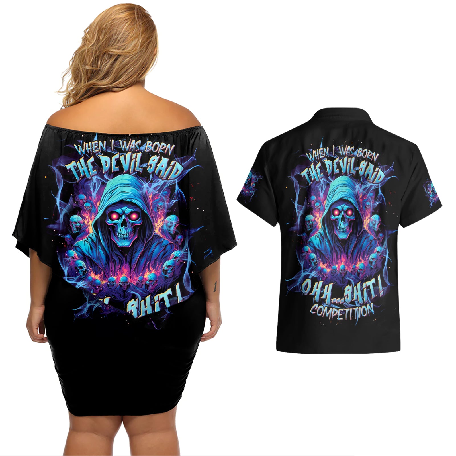 Reaper Skull Couples Matching Off Shoulder Short Dress and Hawaiian Shirt When I Was Born The Devil Said Oh Shit Competition - Wonder Print Shop