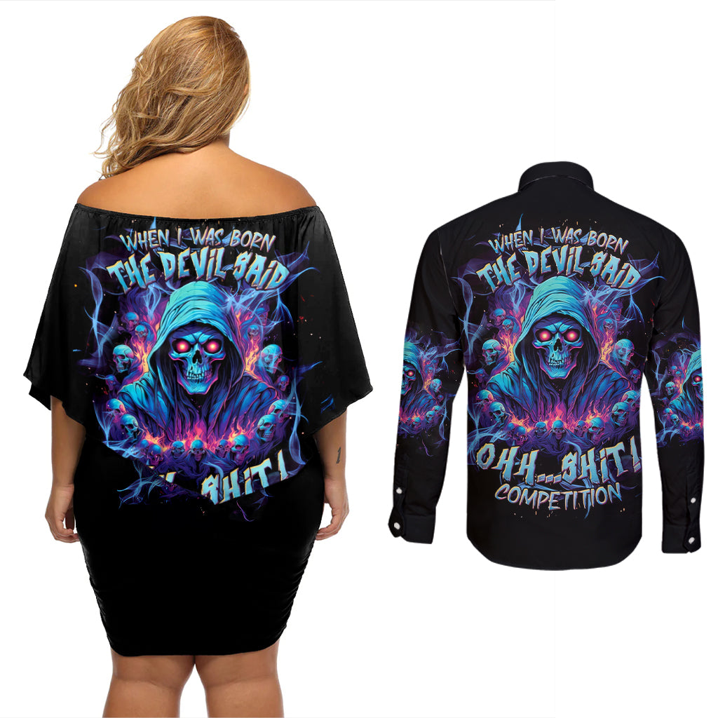 Reaper Skull Couples Matching Off Shoulder Short Dress and Long Sleeve Button Shirt When I Was Born The Devil Said Oh Shit Competition - Wonder Print Shop