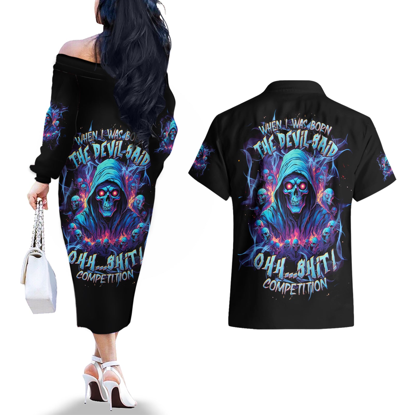 Reaper Skull Couples Matching Off The Shoulder Long Sleeve Dress and Hawaiian Shirt When I Was Born The Devil Said Oh Shit Competition - Wonder Print Shop