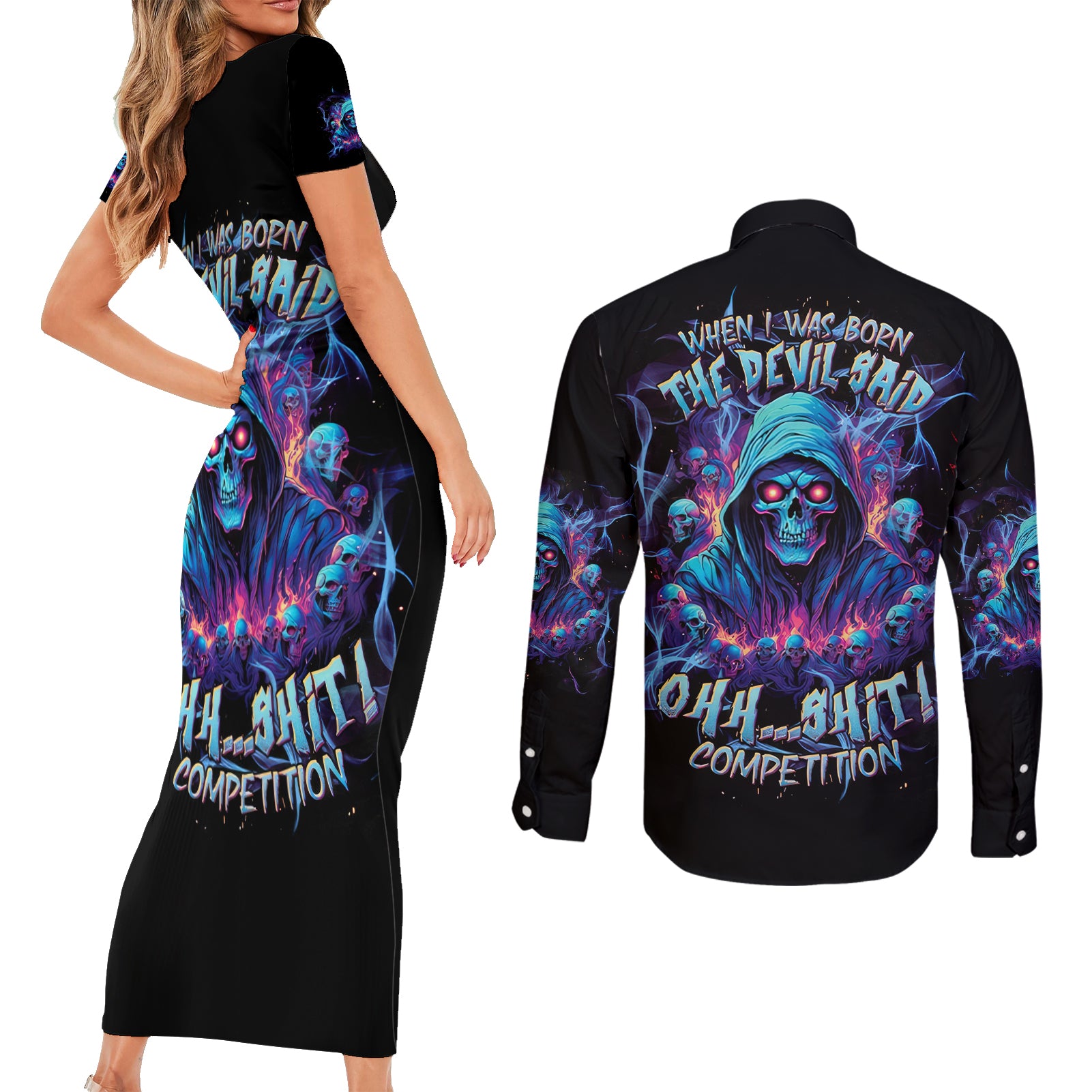 Reaper Skull Couples Matching Short Sleeve Bodycon Dress and Long Sleeve Button Shirt When I Was Born The Devil Said Oh Shit Competition - Wonder Print Shop