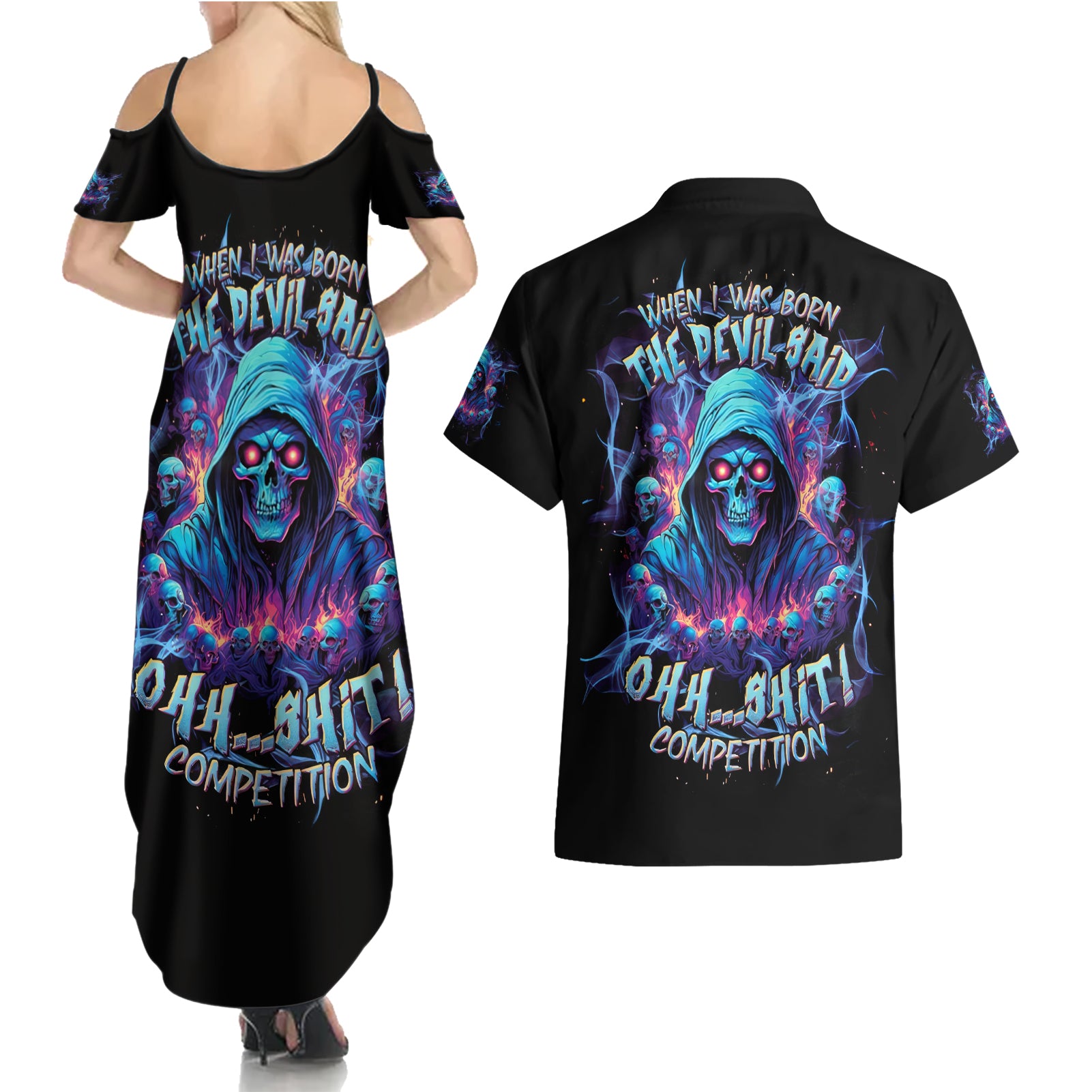 Reaper Skull Couples Matching Summer Maxi Dress and Hawaiian Shirt When I Was Born The Devil Said Oh Shit Competition - Wonder Print Shop