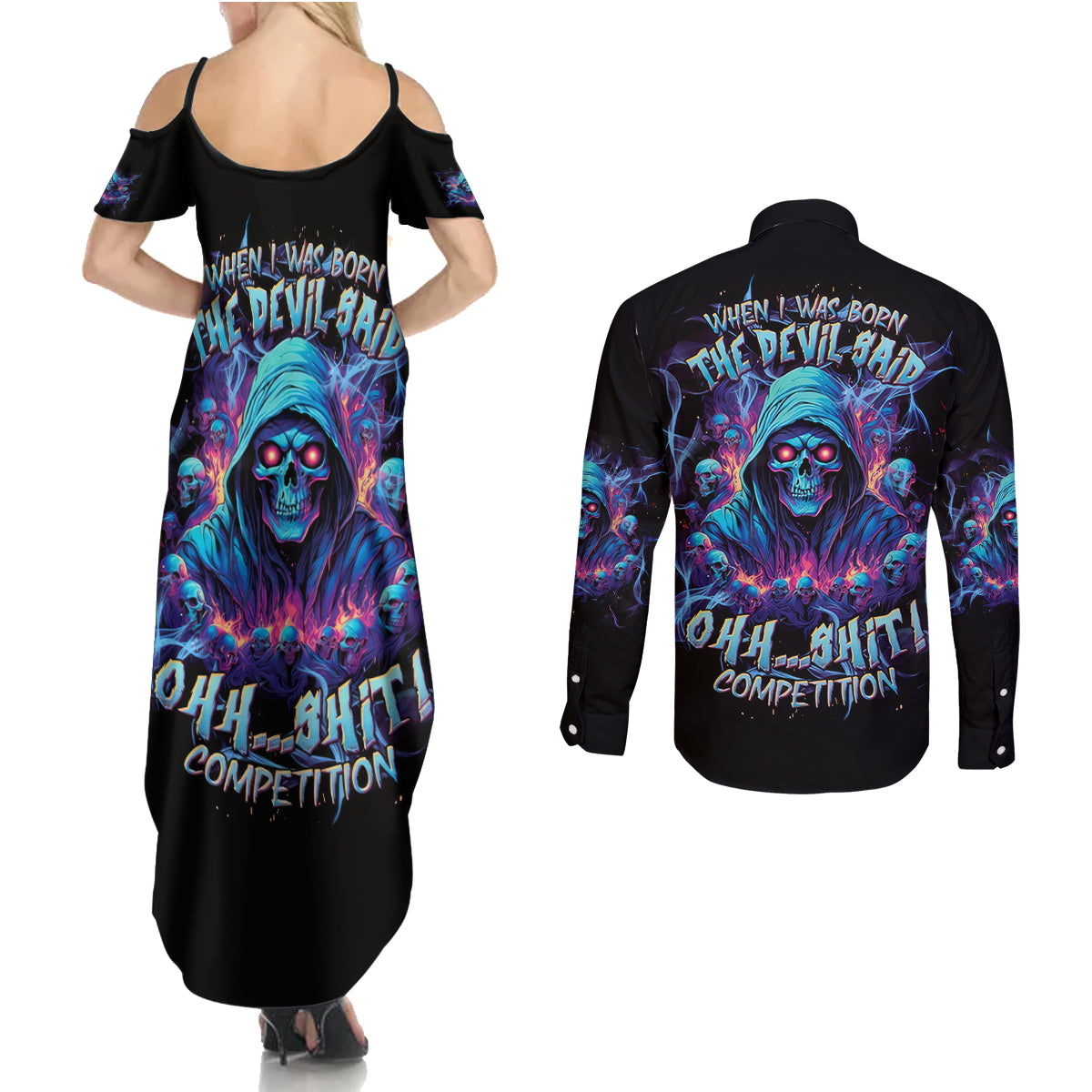 Reaper Skull Couples Matching Summer Maxi Dress and Long Sleeve Button Shirt When I Was Born The Devil Said Oh Shit Competition - Wonder Print Shop