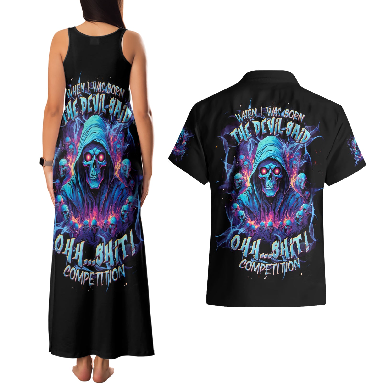 Reaper Skull Couples Matching Tank Maxi Dress and Hawaiian Shirt When I Was Born The Devil Said Oh Shit Competition - Wonder Print Shop