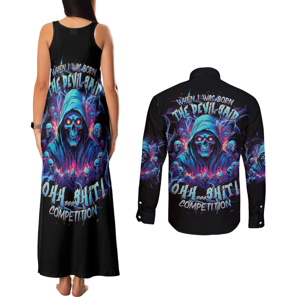 Reaper Skull Couples Matching Tank Maxi Dress and Long Sleeve Button Shirt When I Was Born The Devil Said Oh Shit Competition - Wonder Print Shop