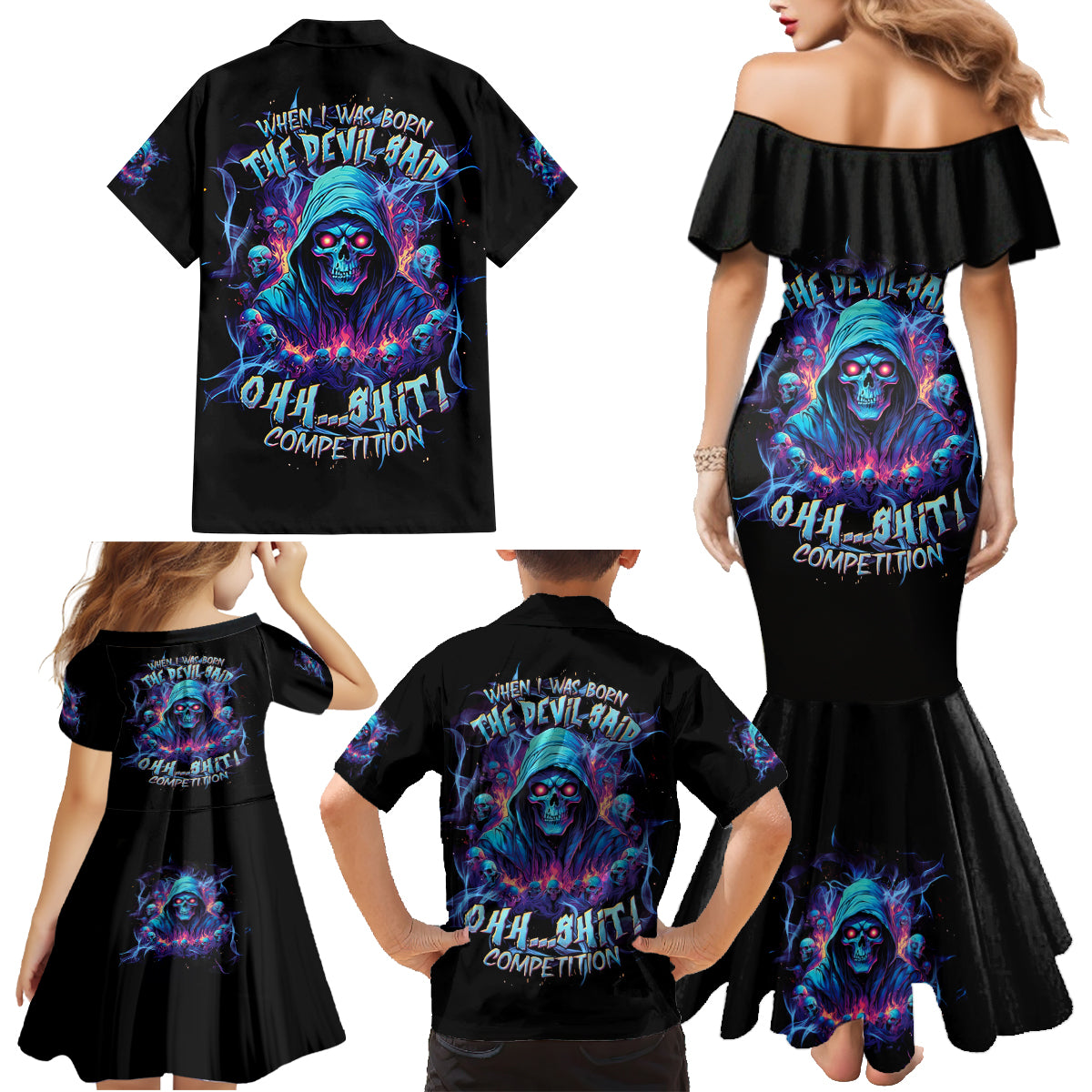 Reaper Skull Family Matching Mermaid Dress and Hawaiian Shirt When I Was Born The Devil Said Oh Shit Competition - Wonder Print Shop