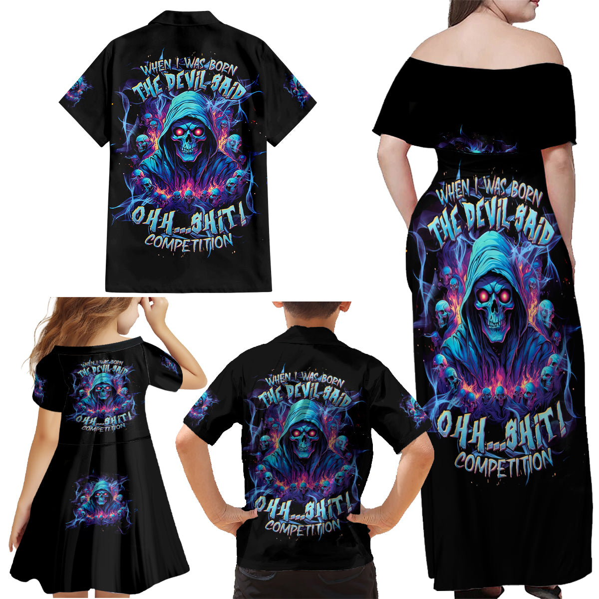 Reaper Skull Family Matching Off Shoulder Maxi Dress and Hawaiian Shirt When I Was Born The Devil Said Oh Shit Competition - Wonder Print Shop