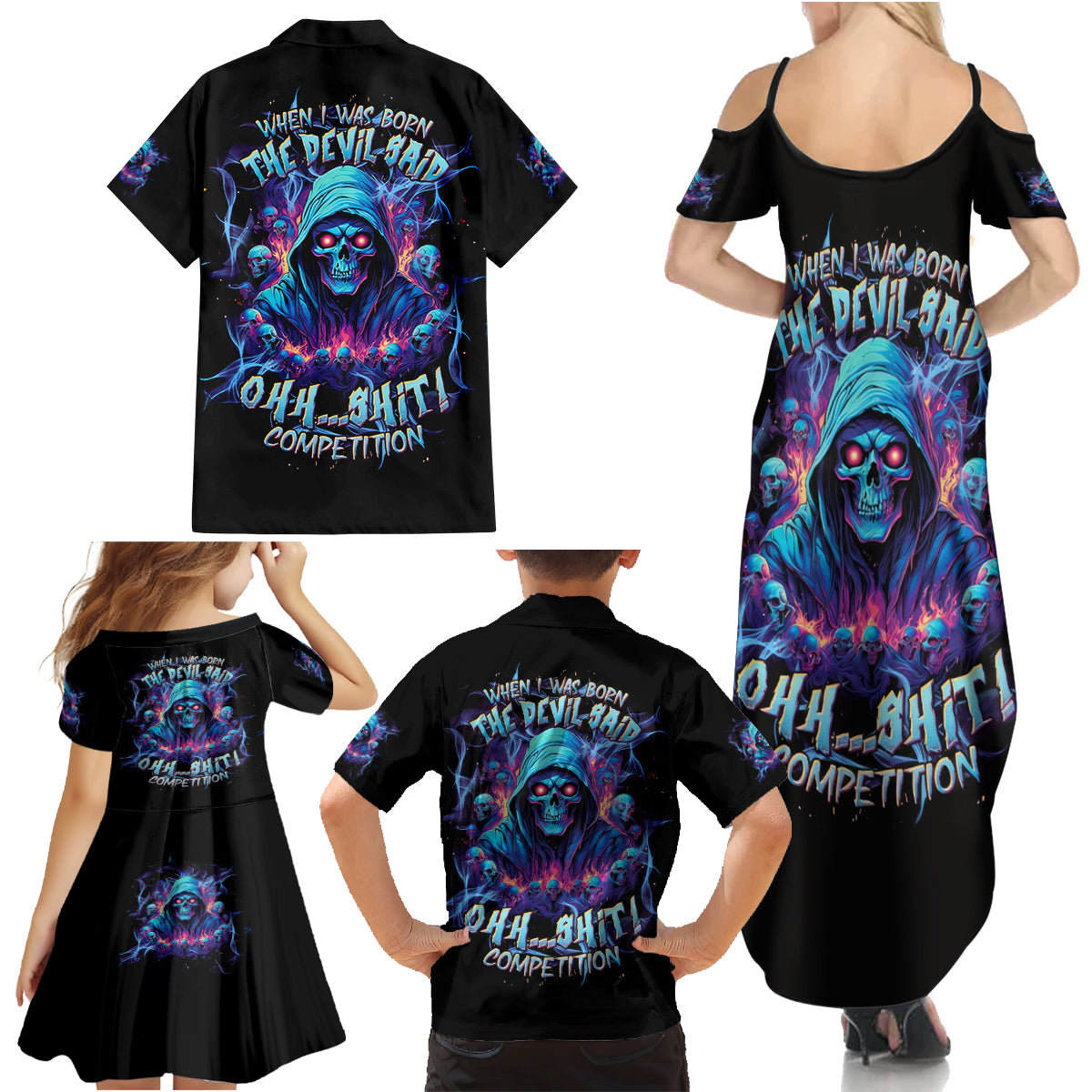 Reaper Skull Family Matching Summer Maxi Dress and Hawaiian Shirt When I Was Born The Devil Said Oh Shit Competition - Wonder Print Shop