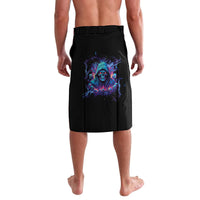 Black knee-length graphic shorts with elastic waistband and blue skull face print