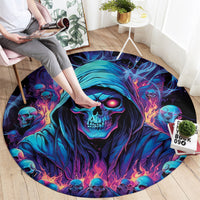 Round black gothic skull graphic area rug with hooded reaper face and flames
