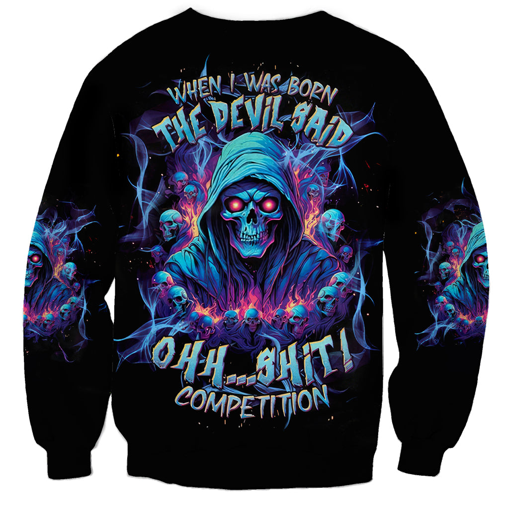 Black unisex sweatshirt with large blue skull and devil graphic and text on front