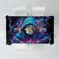Black tablecloth with colorful skull graphic and blue flame-like accents