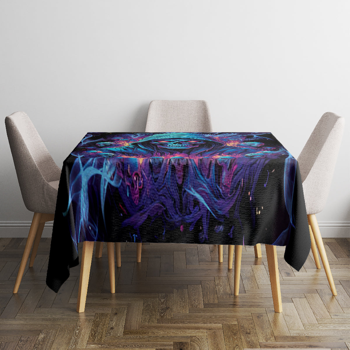 Black tablecloth featuring colorful skull artwork, neatly laid on dining table