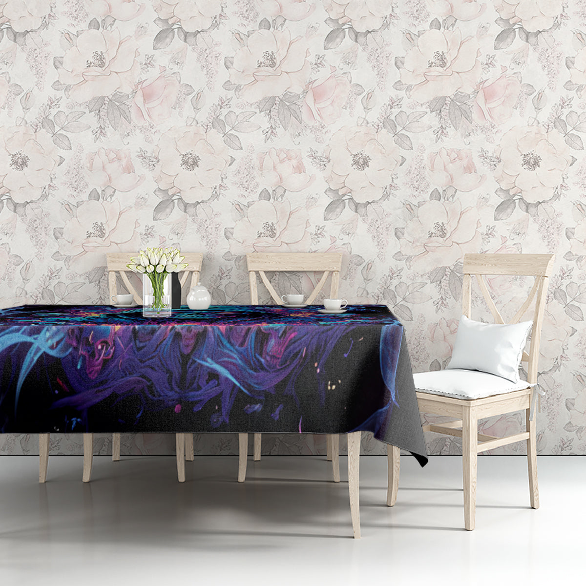 Black tablecloth with blue and purple skull design on dining table