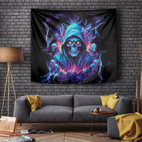 Black skull wall tapestry featuring glowing blue hooded reaper face with skulls
