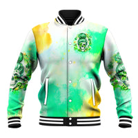 Green and white baseball jacket, front zip, buttons, skull with clover print, ribbed hem