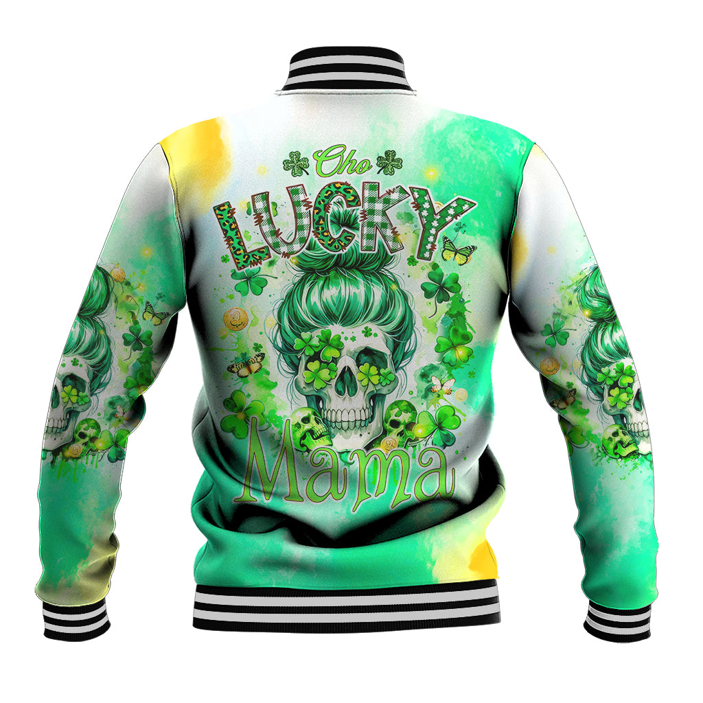 Green baseball jacket with skull, shamrocks graphic on back, striped rib collar and cuffs
