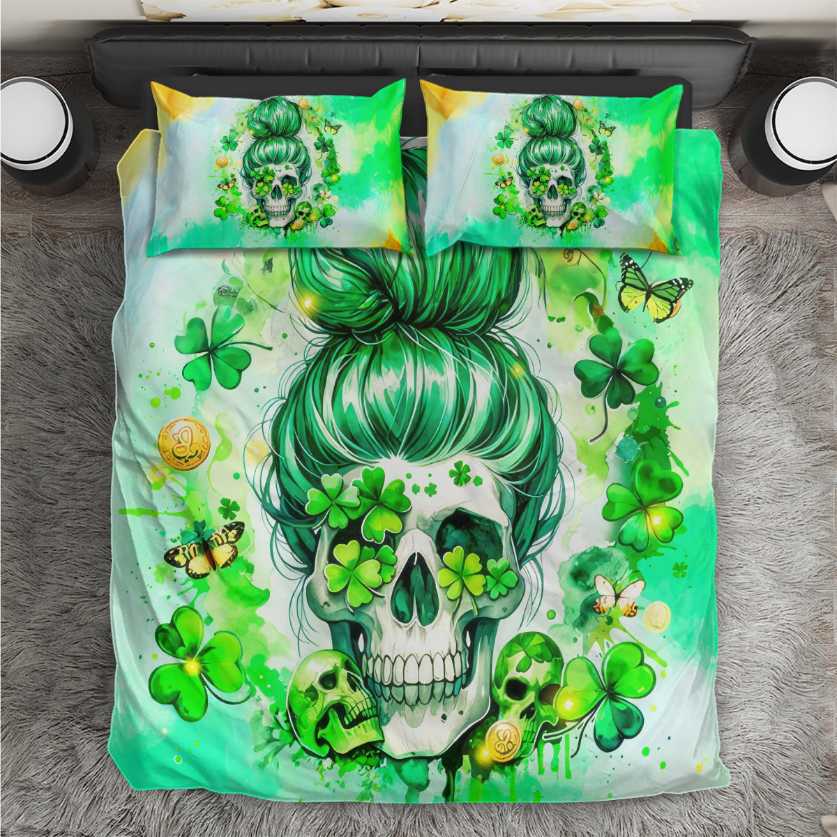 Green bedding set with skull, shamrocks, and matching pillow shams