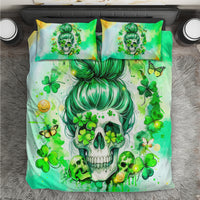 Green bedding set with skull, shamrocks, and matching pillow shams