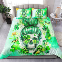 Green duvet cover and pillow shams featuring a skull with clover accents